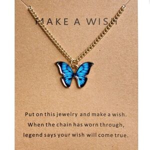 Gold Butterfly Necklace with Blue Accents